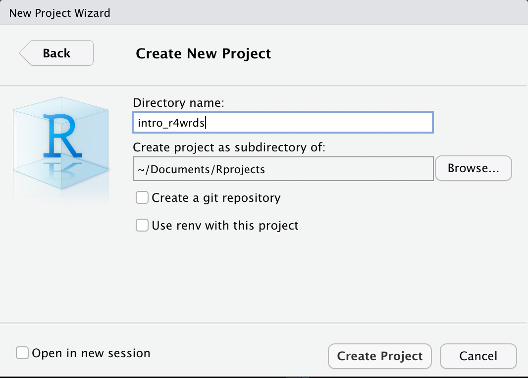 *Make a new project named **intro_r4wrds***
