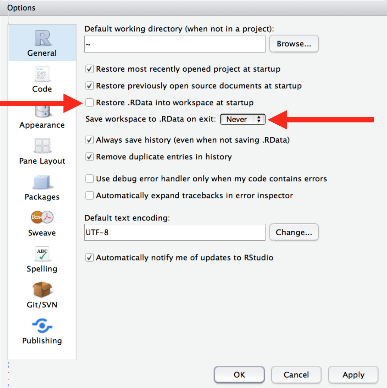 Change defaults to never save your workspace to .RData! (Credit to Jenny Bryan and Jim Hester at rstats.wtf)